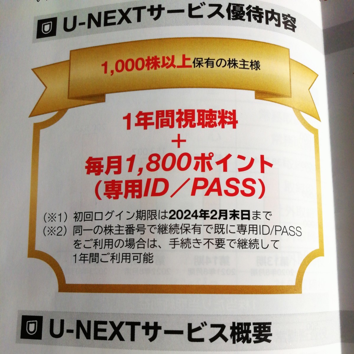 【送料無料】USEN-NEXT 株主優待 U-NEXT 1年間視聴無料+毎月1800ポイント付与 専用ID/PASS_画像1