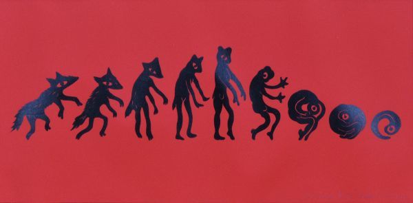 鴻池朋子版画「変身オオカミ（赤）」　コラグラフ　2020年作　限3　サイン有　12×49.8　F:35×62