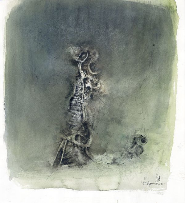 平野遼作品「遠く哀しい存在」s水彩　紙　サイン　S:43×39　「地底の宮殿」挿絵原画　1982