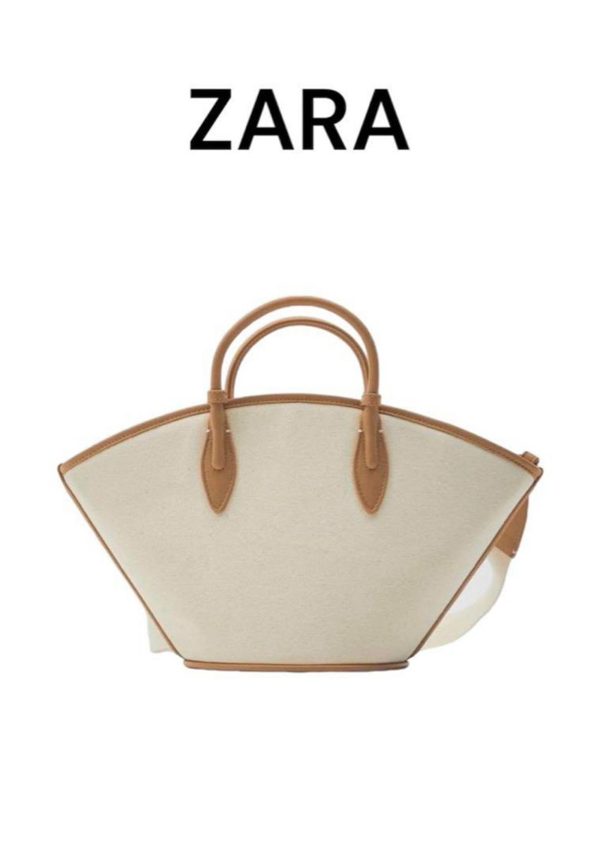 ZARAザラキャンバストートバッグ白×ベージュバイカラー ZARAザラキャンバストートバッグ白×ベージュバイカラー
