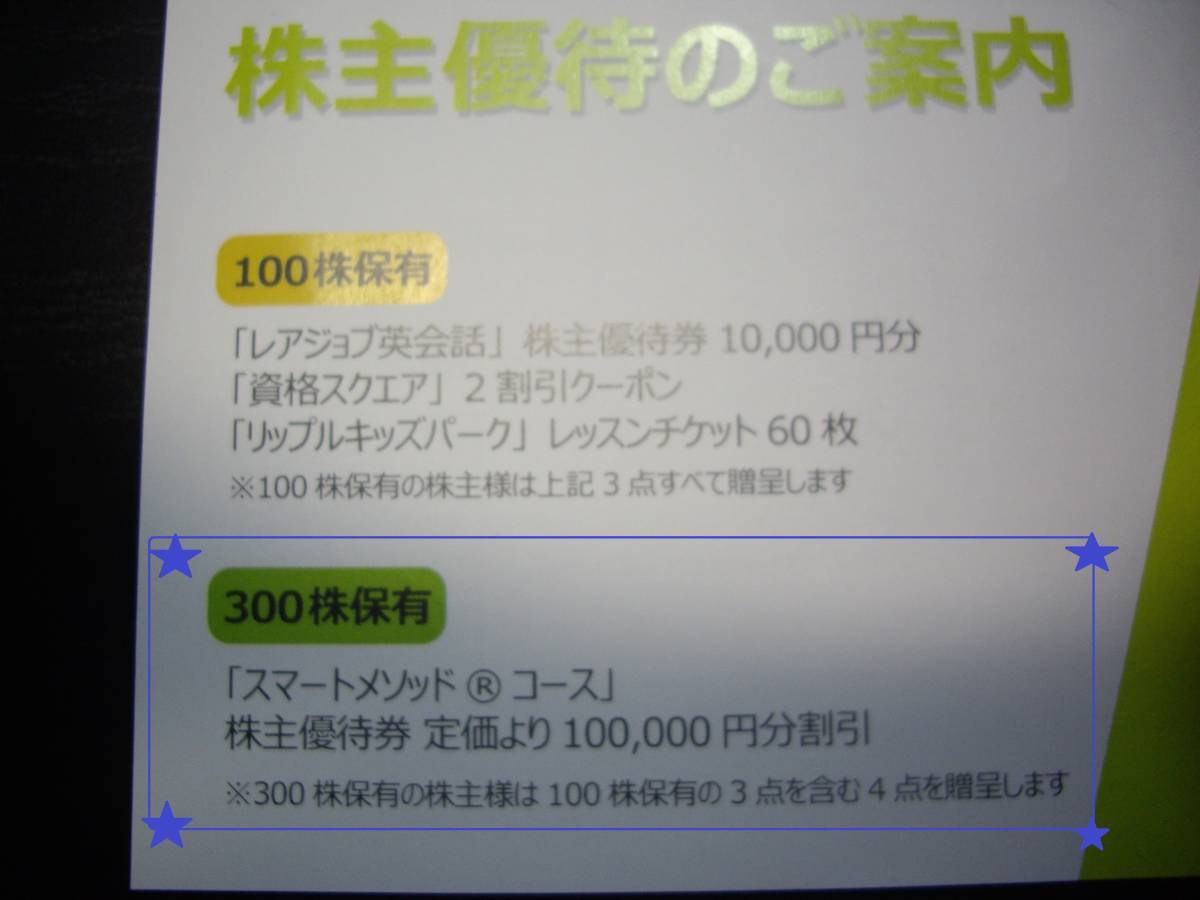 レアジョブ英会話　株主優待1万円分＋スマートメソッドコース10万円分　計11万円分　300株以上保有による株主優待_画像2