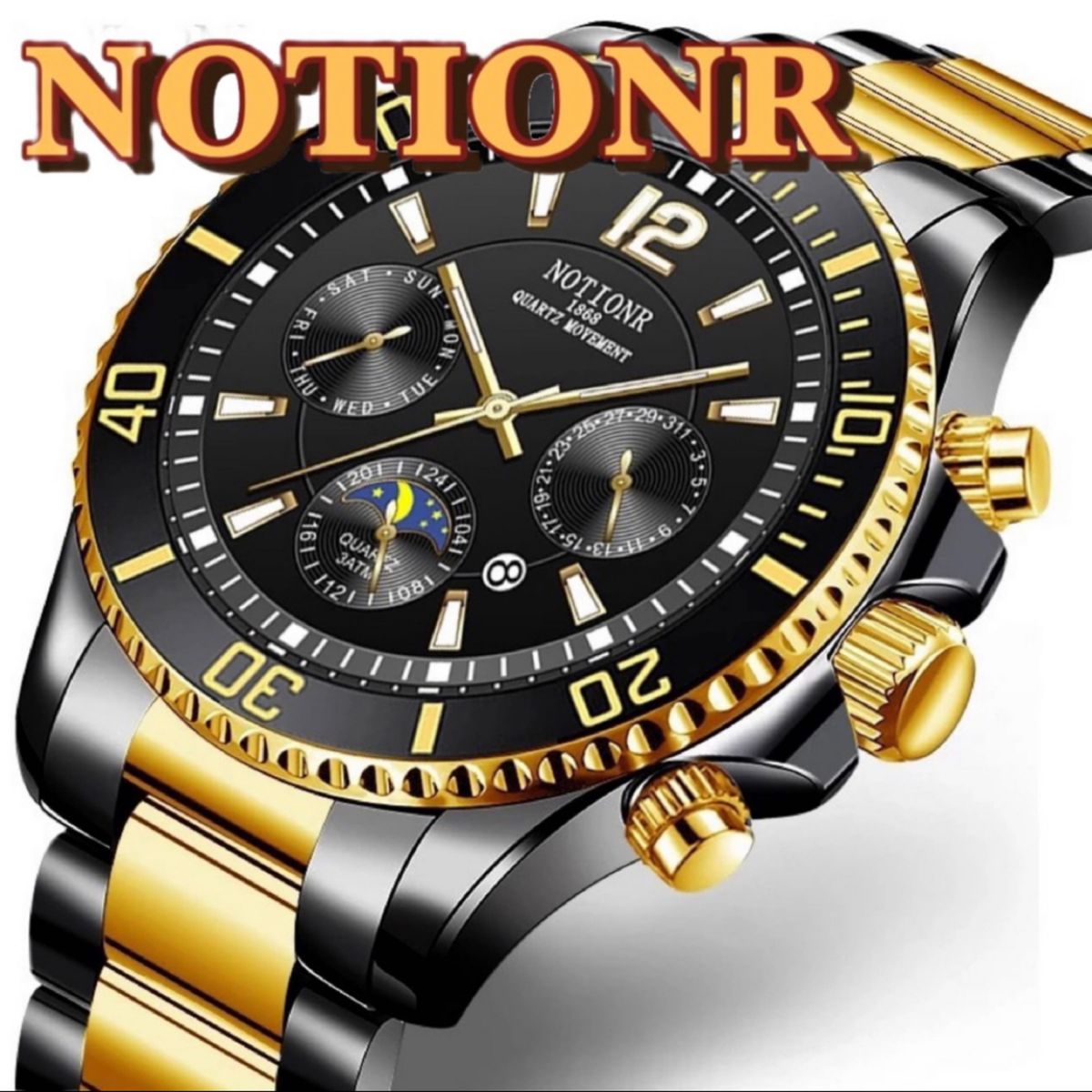 新品 NOTIONR ラグジュアリーステンレススチールファッションウォッチ メンズ腕時計 ブラック＆ゴールド