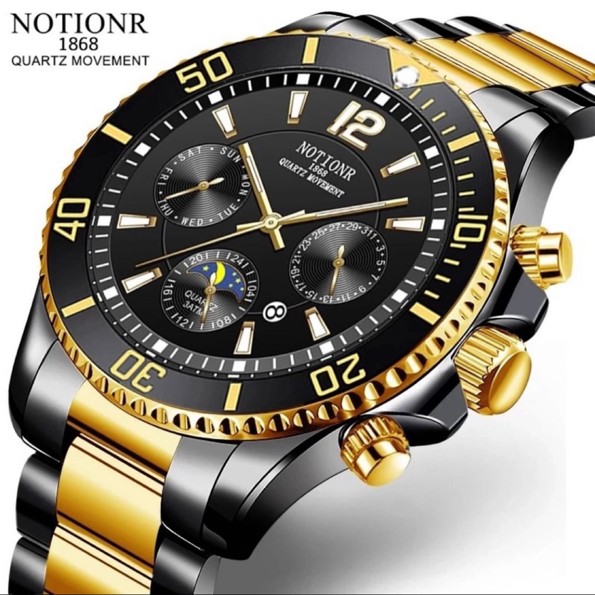 新品 NOTIONR ラグジュアリーステンレススチールファッションウォッチ メンズ腕時計 ブラック＆ゴールド