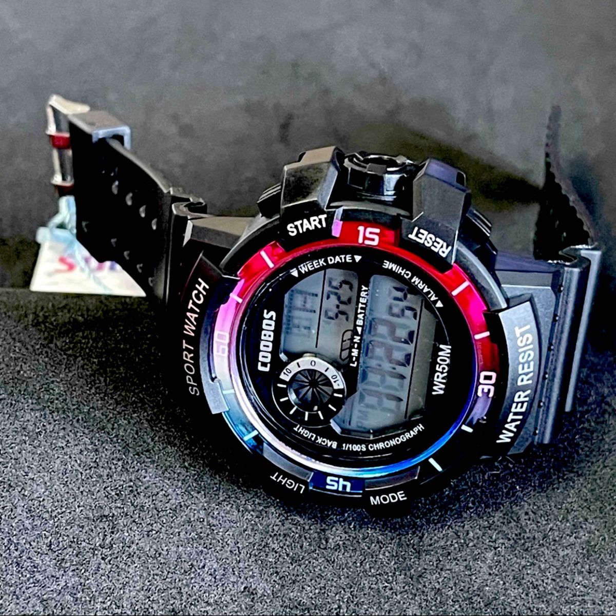 新品 COOBOSデジタルウォッチ ビックフェイス メンズ腕時計 パープル＆ブルー メタリック