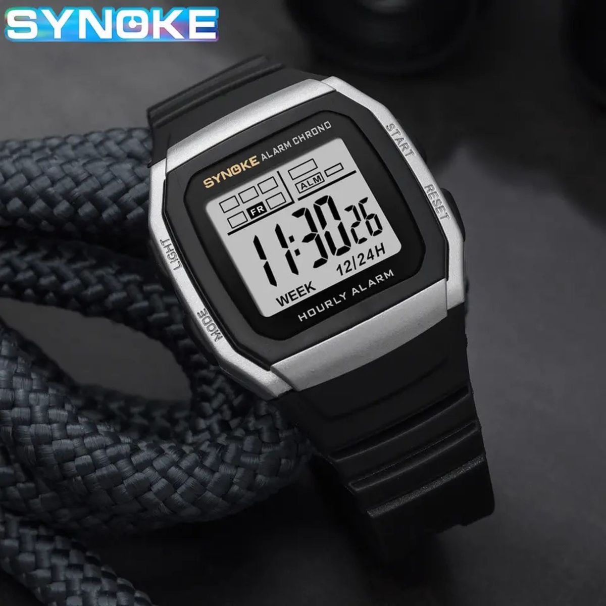 新品 SYNOKEスポーツデジタル 防水 デジタルストップウォッチ メンズ腕時計 スクエア ブラック＆グレー