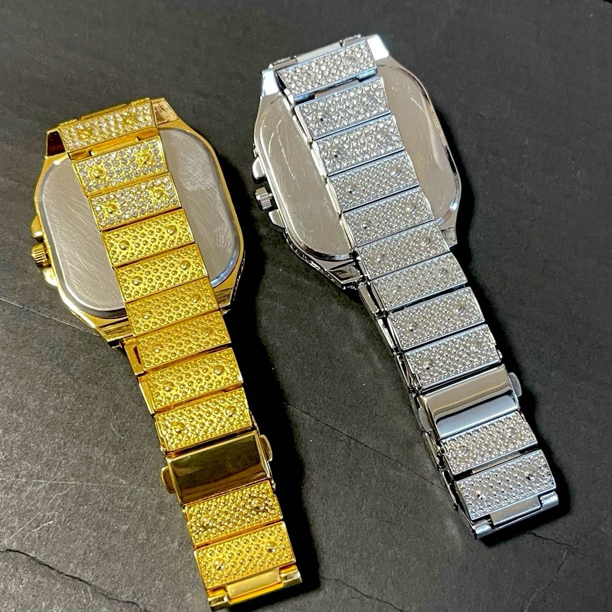 新品 ゴージャスストーンオマージュウォッチ メンズ腕時計 ブリンブリン CZ シルバー ゴールド スクエア  ペアウォッチ
