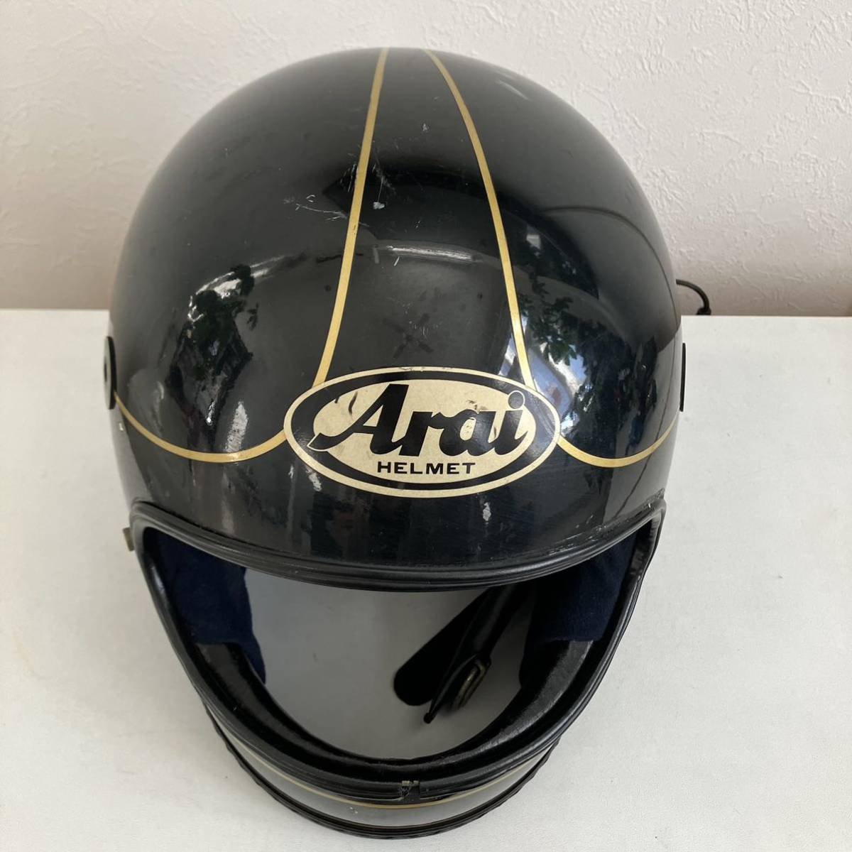 ARAI★ビンテージヘルメット Sサイズ 1981年製 族ヘル ホンダ フルフェイス 旧車 黒 ハーレー 希少 当時物 アライ バイク 金 Kawasaki_画像5