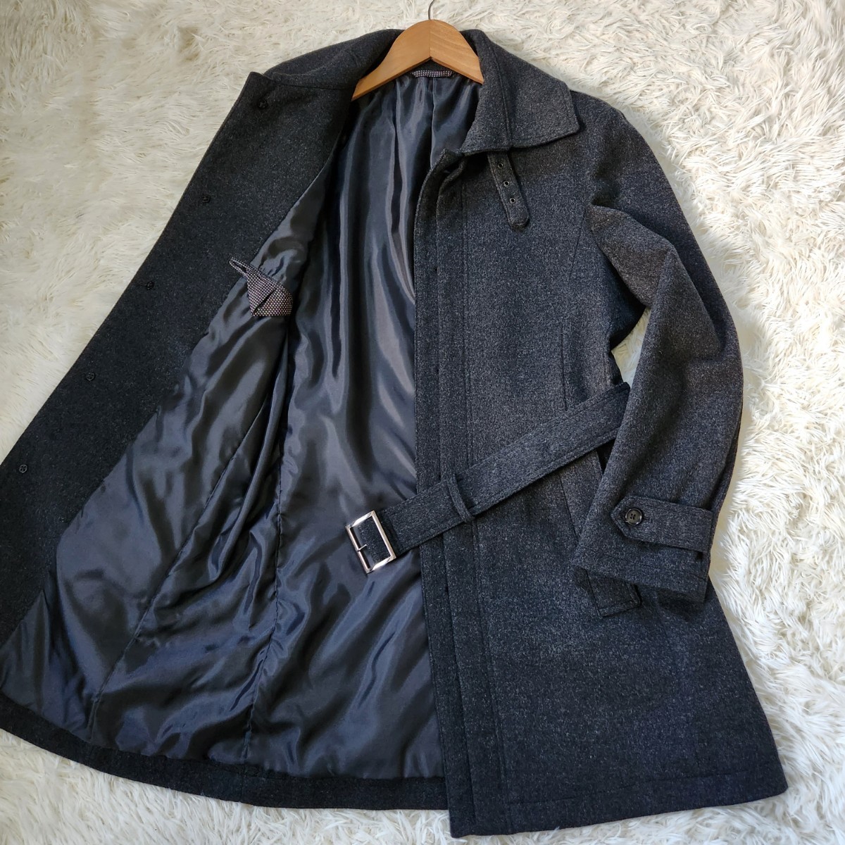 美品 MALE&CO【カシミヤ ステンカラーコート ベルト 超希少サイズ L～XL相当】メール&コー TAKA-Q ロングコート チャコール 比翼仕立て_画像2