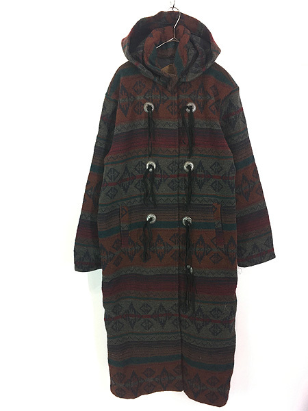 古着 90s USA製 WoolRich ネイティブ ボーダー 総柄 ウール ブランケット ロング コート コンチョボタン フード完備!! L