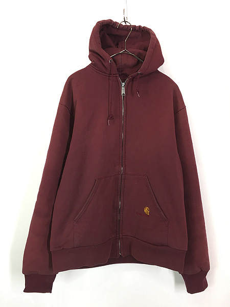 古着 80s USA製 Carhartt 裏地 サーマル ワンポイント スウェット ジップ パーカー Wレッド XL 古着_画像1