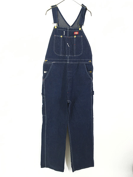 古着 90s Dickies 100%コットン 濃紺 デニム ワーク オーバーオール サロペット W35 L32 古着