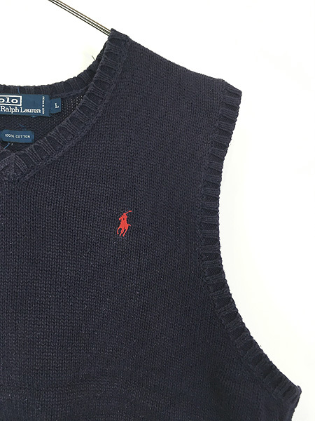 古着 Polo Ralph Lauren ワンポイント Vネック コットン ニット ベスト 紺 L 古着_画像3