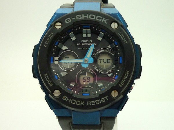 1000円スタート 腕時計 CASIO カシオ G-SHOCK 5524 GST-W300G G-STEEL 電波ソーラー アナデジ ブラック×ブルー メンズ IKS J705_画像1