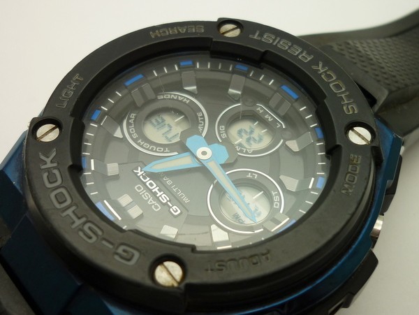 1000円スタート 腕時計 CASIO カシオ G-SHOCK 5524 GST-W300G G-STEEL 電波ソーラー アナデジ ブラック×ブルー メンズ IKS J705_画像9