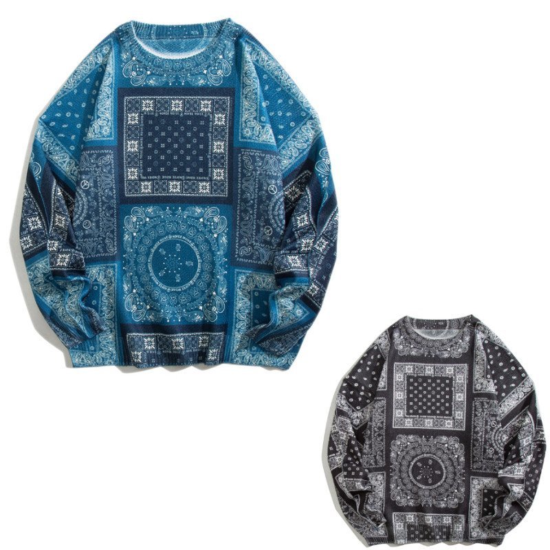 新品:バンダナ プリント クルーネック セーター ニット 丸首セーター ペイズリー Paisley bandana pattern sweater ブルー 青 サイズ 2XL_他の色も出品しているので画像は共有です