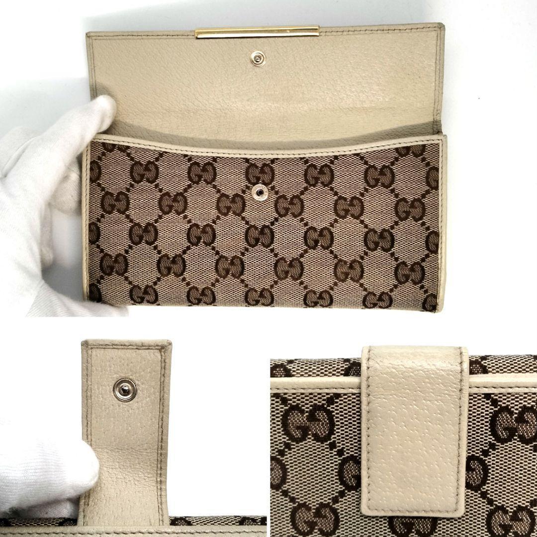 送料無料 美品 グッチ GUCCI 長財布 GG柄 キャンバス レザー ベージュ 革 プレート金具 112715・2067 イタリア製 男女兼用_画像7