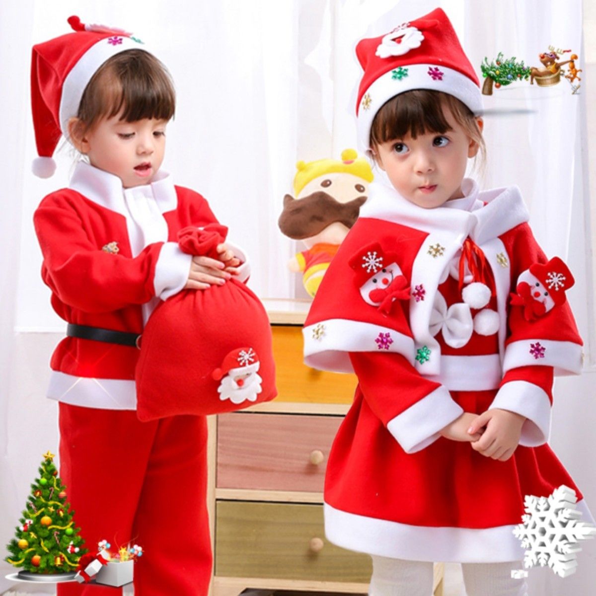 新品 クリスマス 110 サンタガール ワンピース セット 帽子 コスプレ サンタクロース ドレス マント 発表会 パーティーb