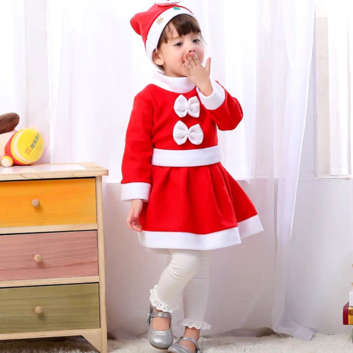 新品 クリスマス 100 サンタガール ワンピース セット 帽子 コスプレ サンタクロース ドレス マント 発表会 パーティーb