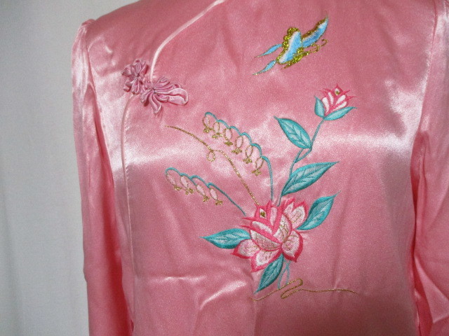コスプレ パーティ 舞台衣装●ピンク花柄刺繍 金ラメ 7分袖チャイナドレス 難有 格安_画像3