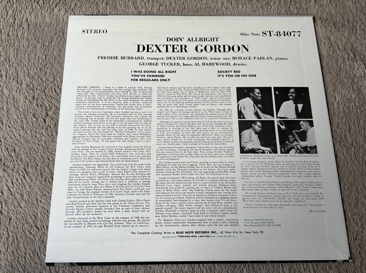 東芝盤 デクスター・ゴードン/ドゥーイン・オールライト 中古LP アナログレコード BN-4077 Vinyl Dexter Gordon ホレス・パーランの画像2