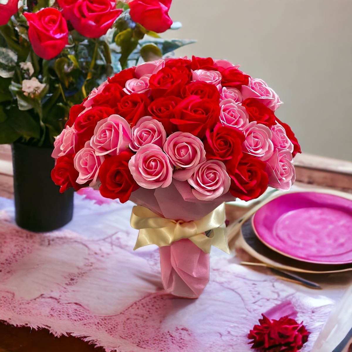 14 「サヴォンローズ」 100本　花束　レッド＆ピンク　バラ　薔薇　プレゼントに！ 花 造花 インテリア