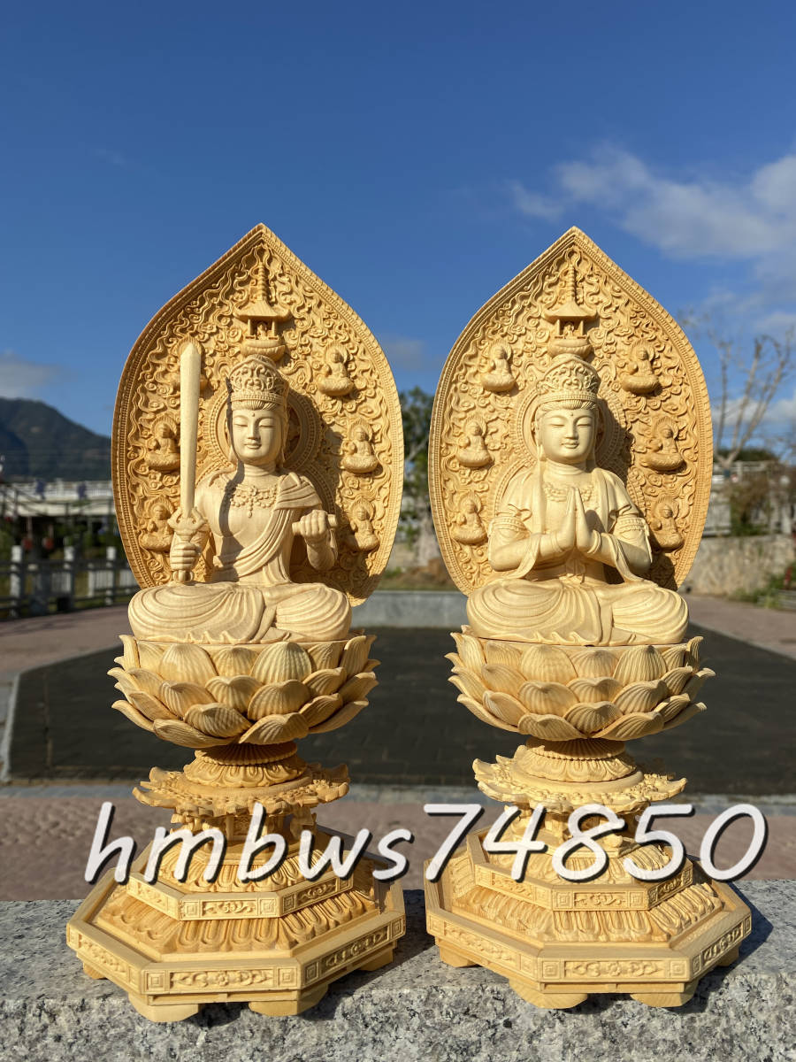 稀少品 仏教美術 文殊菩薩 普賢菩薩 坐像 仏像 1対 彫刻 ヒノキ檜木 自然木 職人 手作り 置物 工芸品 東洋彫刻 高さ32cm