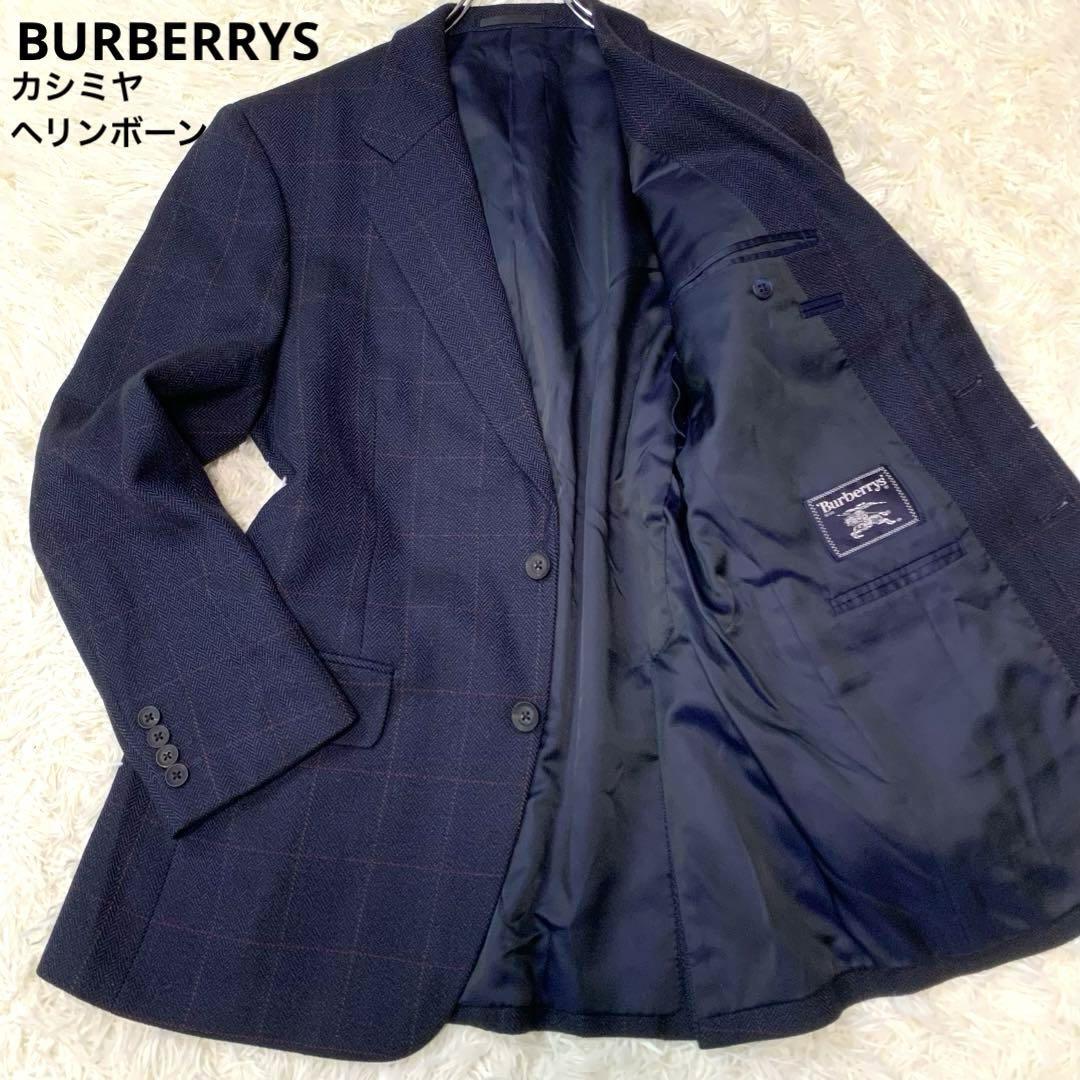 極美品◆希少L：バーバリー【カシミヤ ヘリンボーン ネイビー チェック 】BURBERRY テーラードジャケット Burberry 2B 総裏 シングル 紺色_画像1