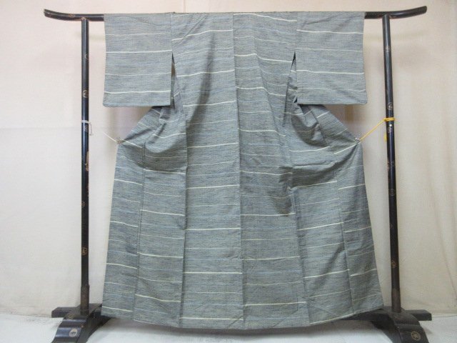 1円 良品 正絹 着物 紬 真綿 縞 霞 幾何学 抽象 お洒落 高級 袷 身丈149cm 裄64cm【夢職】★★★_画像1