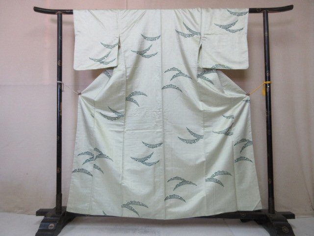 1円 良品 正絹 着物 小紋 縮緬 黄緑 鹿の子 露草 高級 袷 身丈148cm 裄64cm【夢職】★★★_画像1