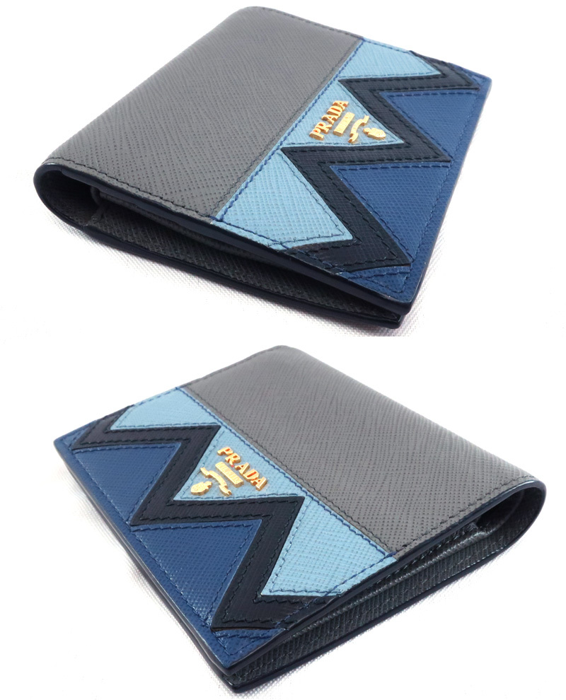 未使用 プラダ 二つ折り財布 サフィアーノ コンパクトウォレット 1MV204 グレー系 ブルー ブラック ゴールド金具 PRADA /32884_画像4