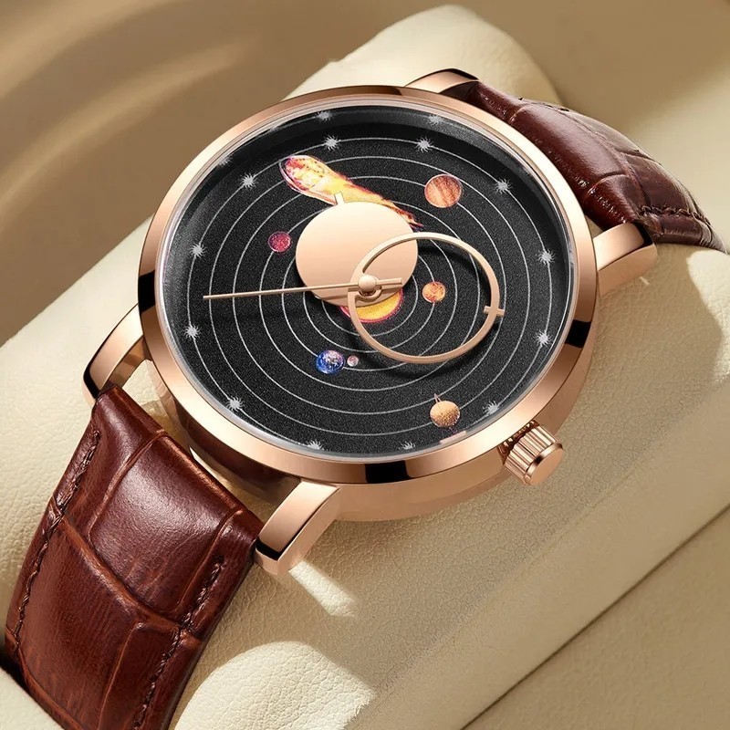 【Rose gold black】新品 メンズ 腕時計 クォーツ アナログ PUレザーバンド 天体 星 地球 宇宙 神秘 防水 耐衝撃_画像1