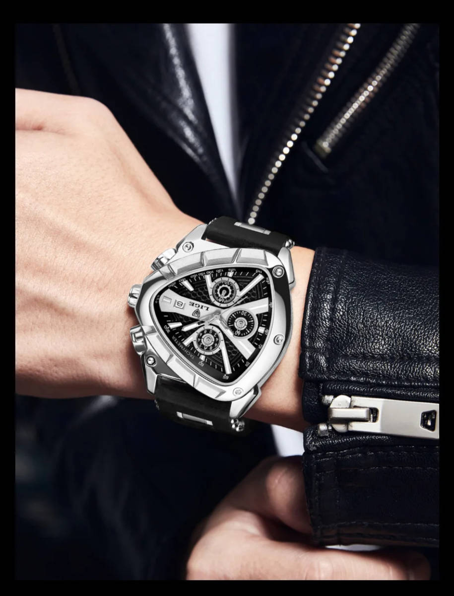 【Silver black】メンズ高品質腕時計 海外人気ブランド Lige トライアングル 三角 クロノグラフ 防水 クォーツ式 シリコンバンド_画像2