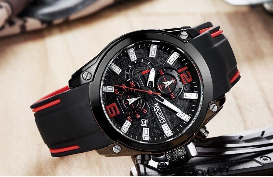 *1 jpy start * there is no highest bid [ALL black ] abroad popular brand MEGIR men's high quality wristwatch chronograph calendar waterproof silicon band 