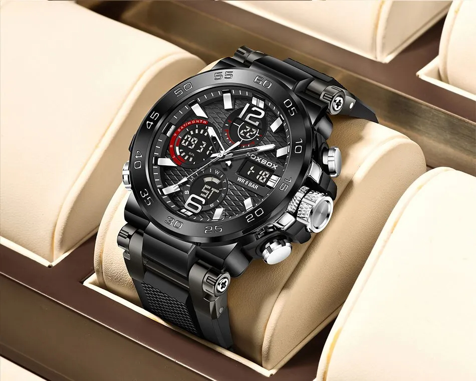 【ブラック】メンズ高品質腕時計 海外人気ブランド Foxbox クロノグラフ 防水 クォーツ式 シリコンバンド_画像1