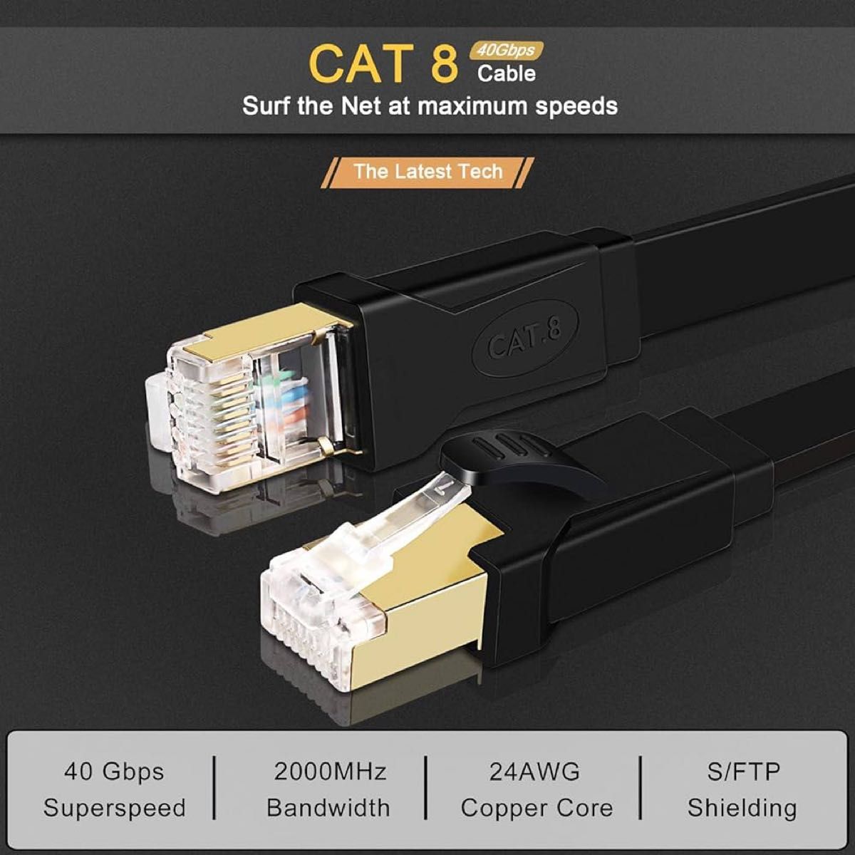 LANケーブル CAT8準拠 スーパーフラット イーサネットケーブル 40Gbps 2000MHz S/FTP 爪折れ防止 