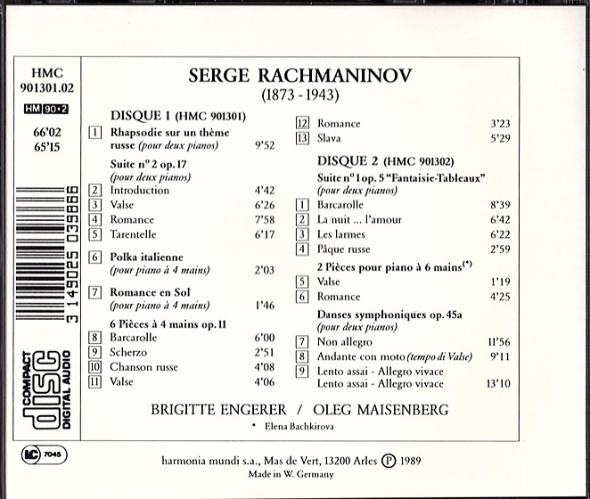 【2枚組・美品】ラフマニノフ: 2台ピアノと4手のための作品集 ブリジット・エンゲラー オレグ・マイセンベルク_画像2
