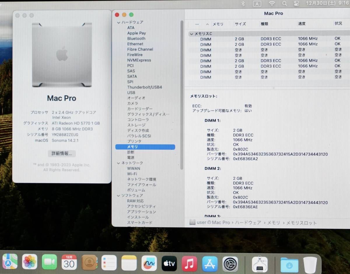 Apple純正 Mid2010/Mid2012MacPro用 CPU 2.4GHz x2＜8コア・16スレッド/ターボブースト時2.66GHz＞＋8GB ECCメモリーのセット 動作確認済み_画像10