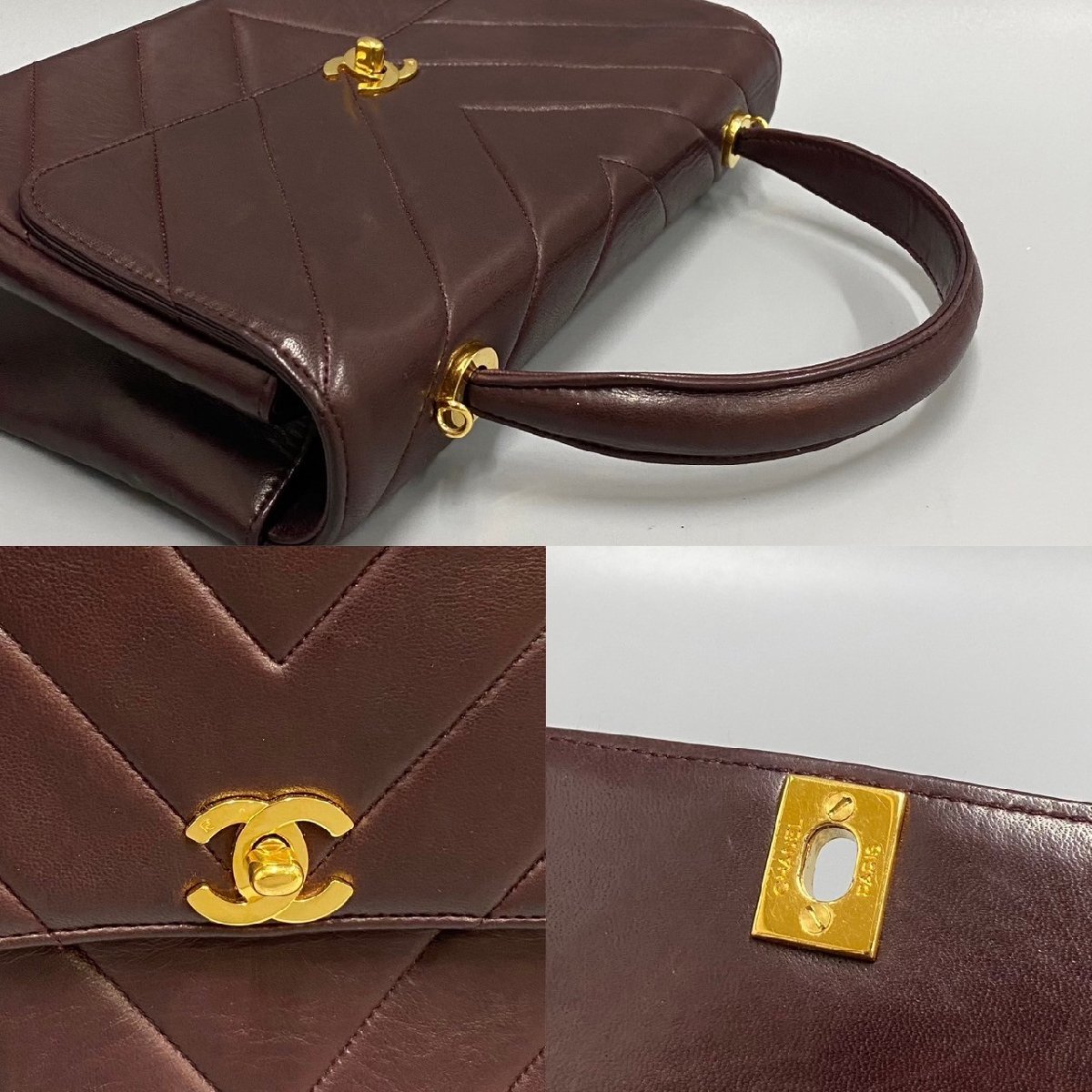 1円 極美品 箱付 シール有 3番台 CHANEL シャネル シェブロン Vステッチ ラムスキン 2way ハンドバッグ ショルダーバッグ ブラウン 70755_画像2