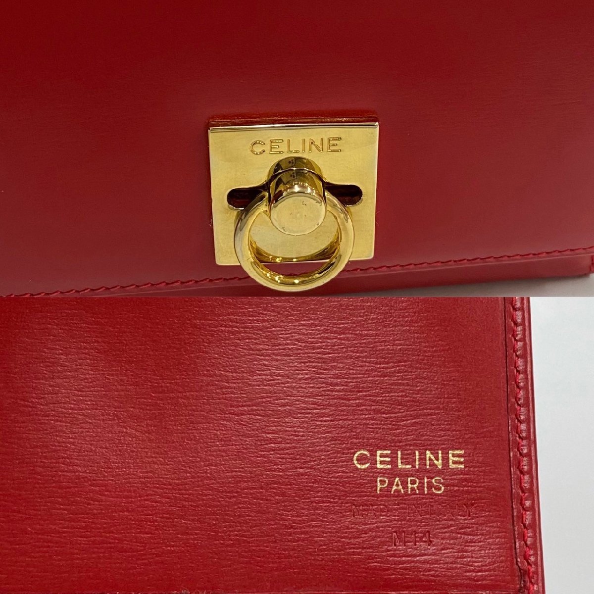 極 美品 希少品 CELINE セリーヌ ヴィンテージ リング金具 ロゴ カーフ レザー 本革 三つ折り 財布 ミニ ウォレット レッド 23952_画像2