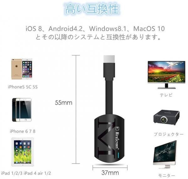 即納 HDMIミラキャスト ドングルレシーバー 1080P スマホをテレビに映す HDMI ワイヤレス ミラーキャスト スマートフォン/タブレット_画像3