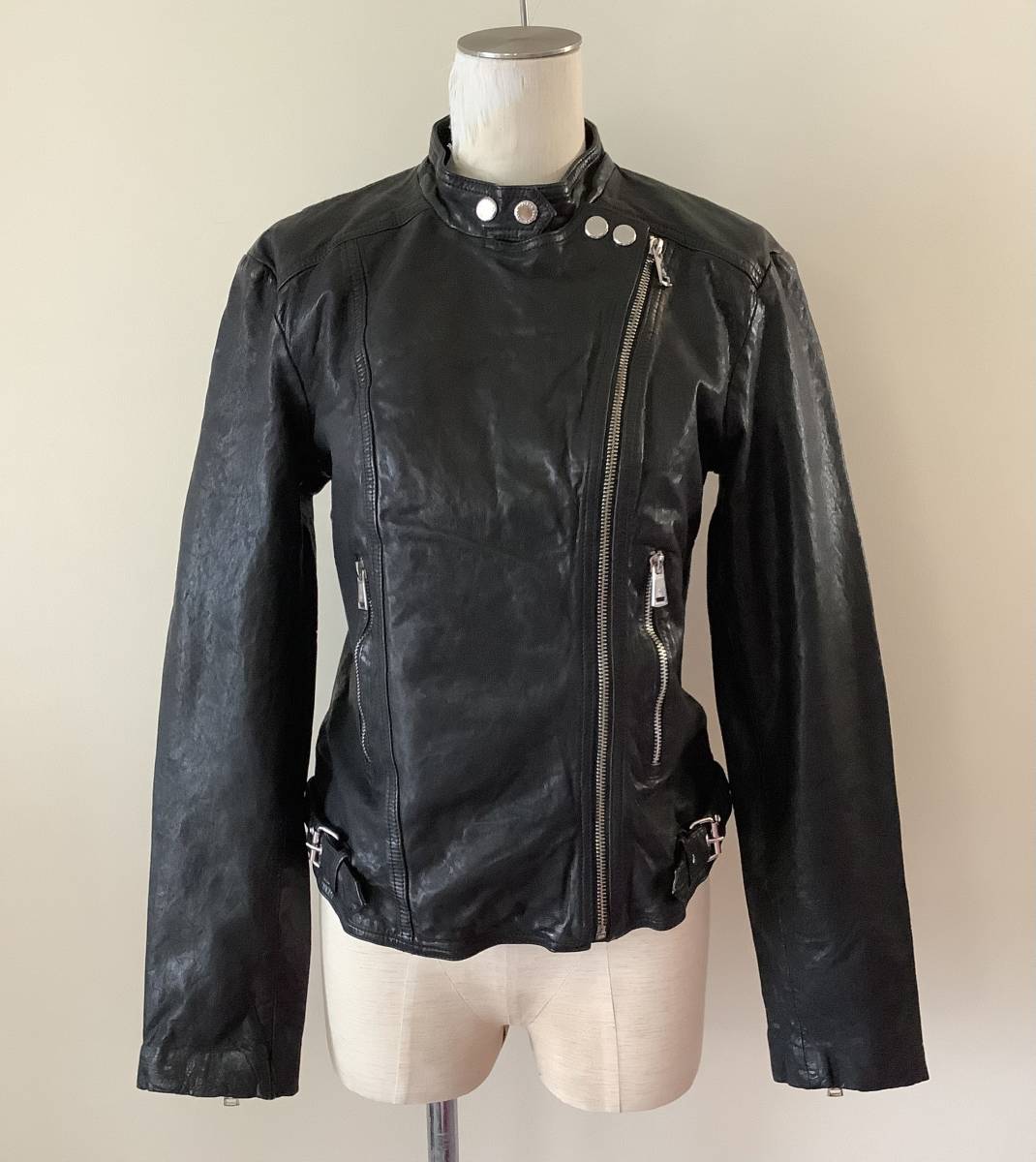 LAUREN Ralph Lauren新品8♪着るたびに馴染んでくる本革Burnished Lamb Leather Biker Jacket艶ありヴィンテージレザーバイカージャケット_黒のラムレザーのバイカージャケット