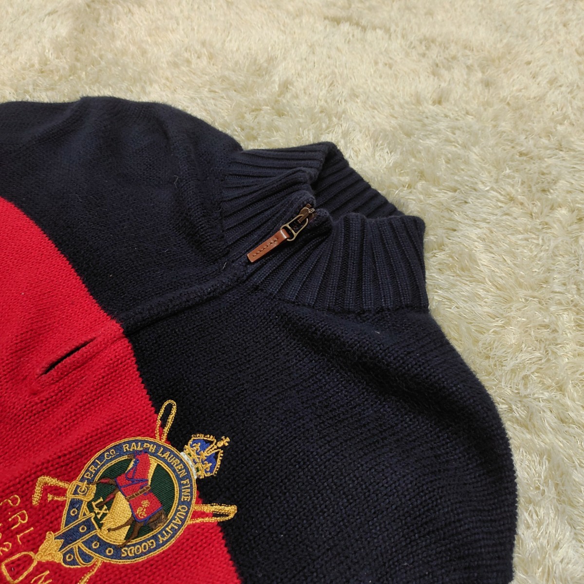 ラルフローレン【圧倒的存在感】Ralph Lauren ジップアップニット ニット セーター ファスナー 赤 レッド ネイビー ボーダー デカロゴ 伸縮_画像3