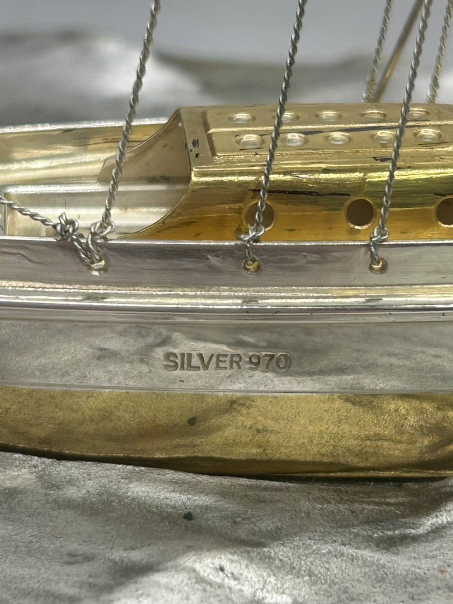 銀製 【帆船】 SILVER970 ケース付 シルバー 刻印有 ヨット 船 銀細工 精密細工 金属工芸 置物 模型 オブジェ 6j-12-1_画像3