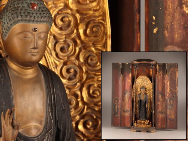 仏教美術 時代木彫 玉眼入 阿弥陀如来 仏像 厨子 高さ77.5cm 時代物 極上品 初だし品 C3169_画像1