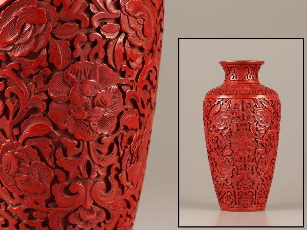 中国古玩 唐物 堆朱 花瓶 細密細工 時代物 極上品 初だし品 C3259