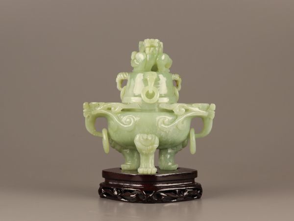 中国古玩 唐物 緑砡石 翡翠 置物 遊環 香炉 時代物 極上品 初だし品 C3395の画像2