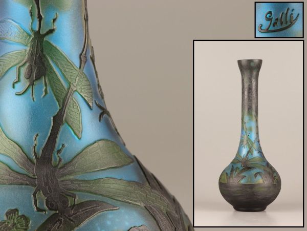 古美術 西洋美術 ガラス工芸 エミール・ガレ 花瓶 細密細工 極上品 初 古美術 西洋美術 ガラス工芸 エミール・ガレ 花瓶 細密細工 極上品 初