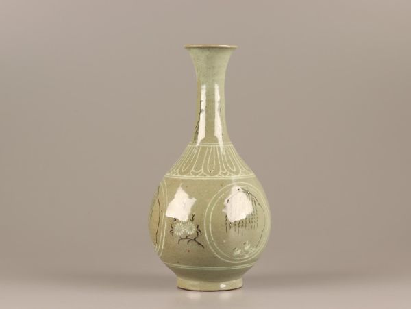 古美術 朝鮮古陶磁器 高麗青磁 白黒象嵌 花瓶 時代物 極上品 初だし品 C3512_画像3