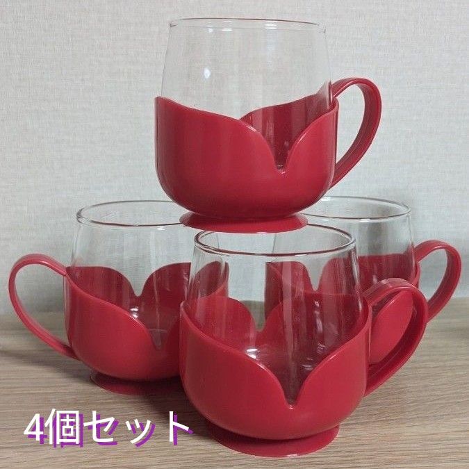 昭和レトロ ハートグラス チューリップグラス 4個セット ピンク hoya