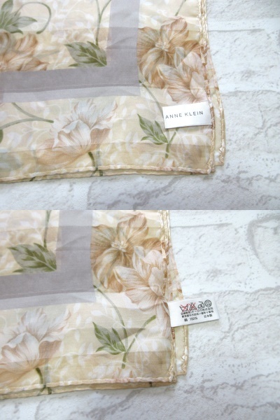 未使用 送料込み！ ANNE KLEIN アンクライン ベージュ フラワー プリント 柄 シルク 大判 スカーフ ( 日本製 花柄 絹100％ アクセサリー )_商品タグに『日本製』の表記があります